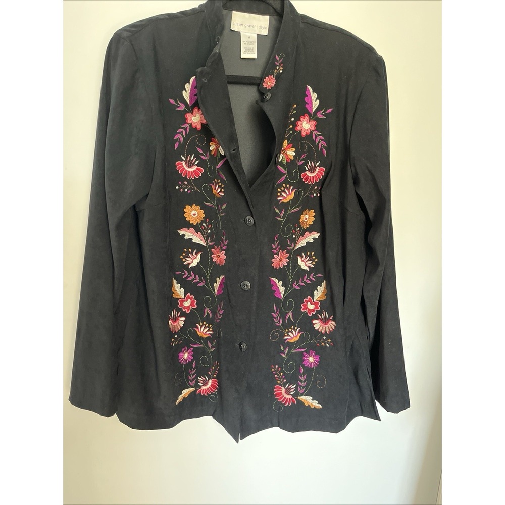 Susan Graver Black Floral Embroidered Velour Hippie Festival QVC Jacket sz M